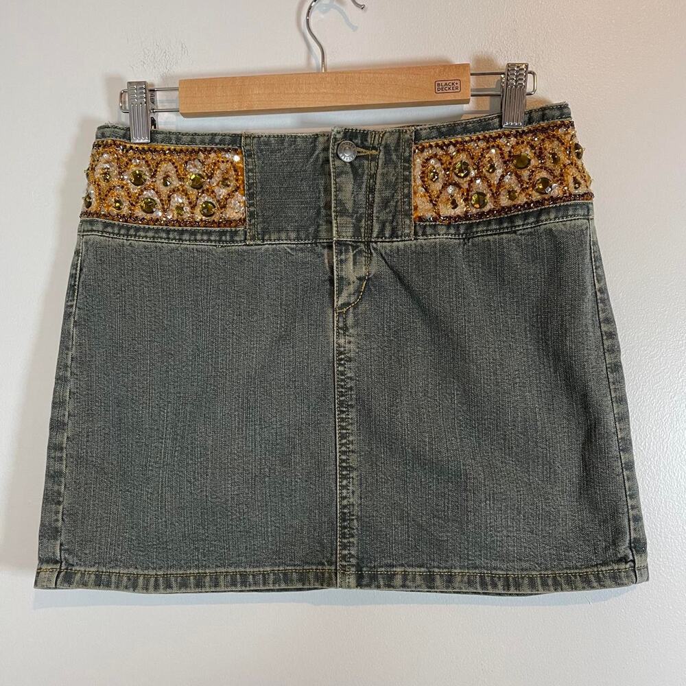 Y2K Express beaded sequins going out cotton size 5/6 denim mini skirt